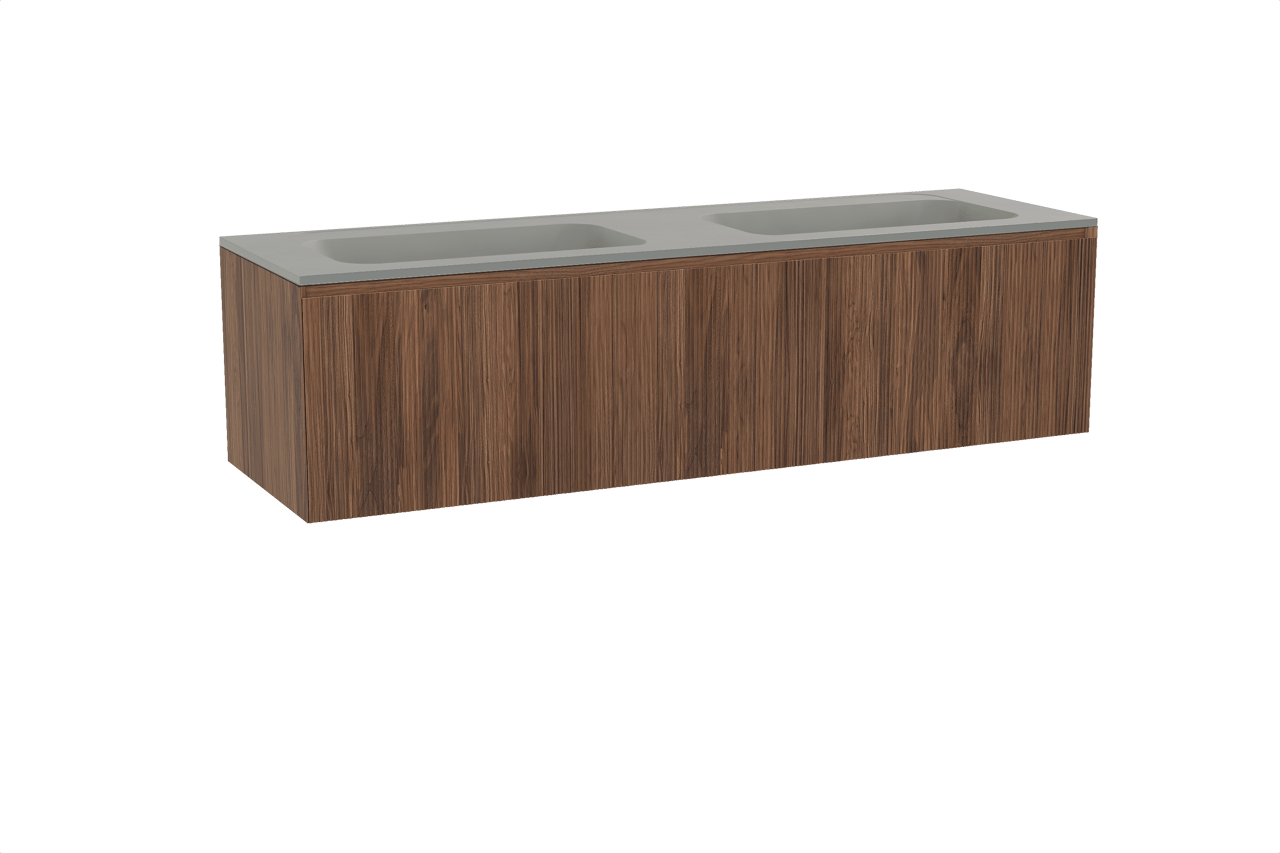 Balmani Fila hängendes Möbelstück Set: 180 x 55 cm, Nussbaum, mit Tablo Strada Doppelwaschtisch, Marmorkomposit, Seidengrau, Vertikale symmetrische gerade Rippe