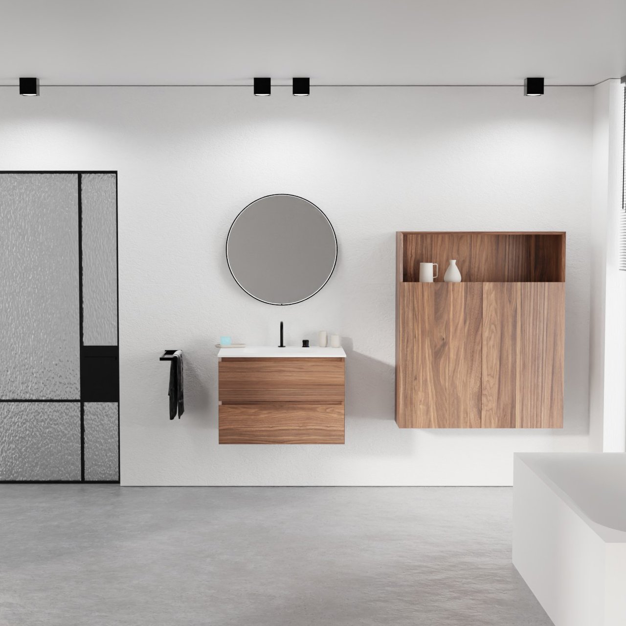 Balmani Mitra hängendes Möbelstück Set: 75 x 55 cm, Nussbaum, mit Tablo Arcato Einzelwaschtisch, Solid Surface Weiß matt