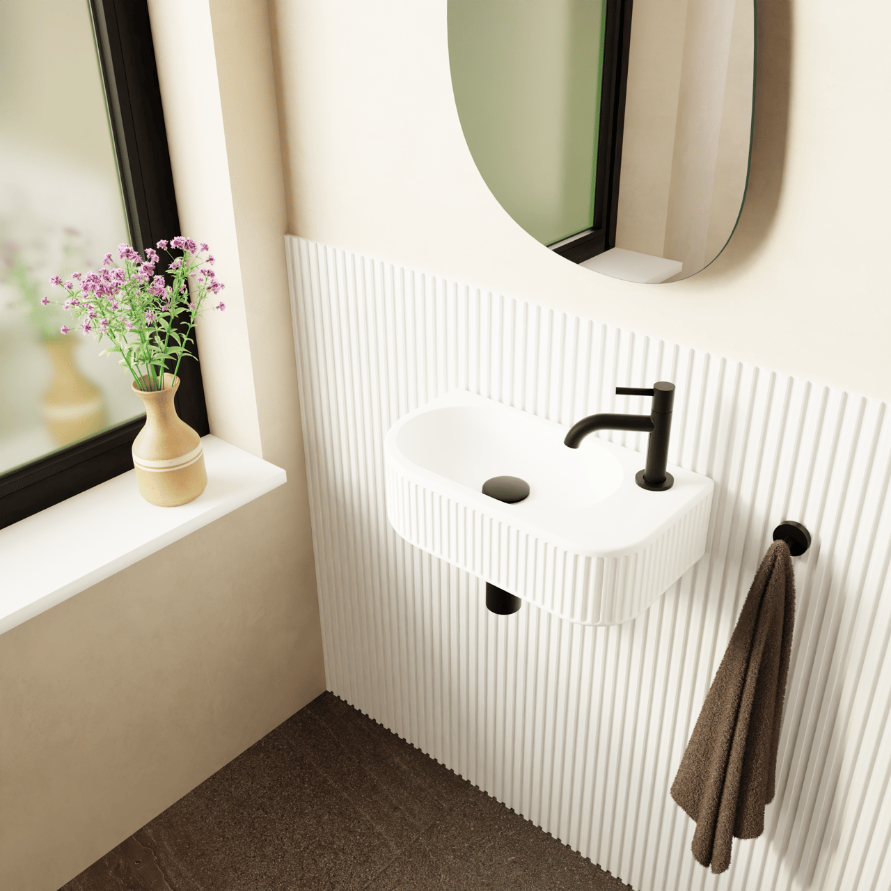 Luca Varess Rondo Ribs lave-mains 41 x 22 cm porcelaine blanc mat