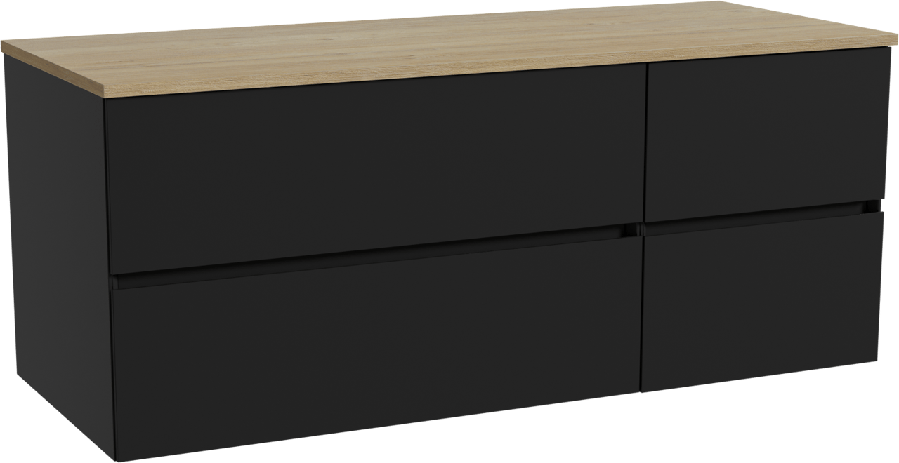 Storke Edge zwevend badkamermeubel 130 x 52 cm mat zwart met Panton enkel of dubbel tablet in melamine ruwe eik