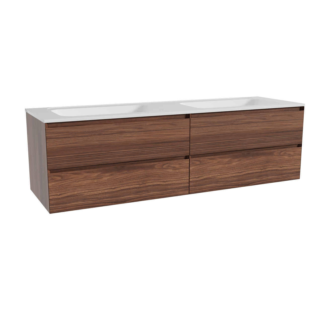 Balmani Mitra zwevend badkamermeubel 180 x 55 cm notelaar met Tablo Strada dubbele wastafel in composietmarmer glanzend wit