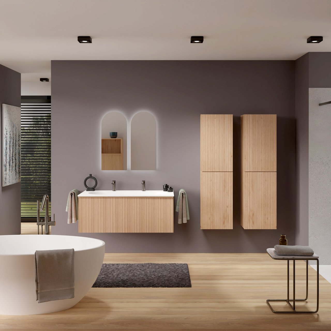 Balmani Forma zwevend badkamermeubel 120 x 55 cm natuur eik met Tablo Oval enkele wastafel voor 2 kraangaten in solid surface mat wit, Verticale asymmetrische ronde ribbel