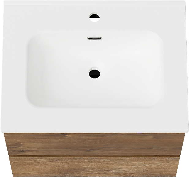 Linie Lado hängendes Möbelstück Set: 60 x 46 cm, Braune Eiche, mit Baro Einzelwaschtisch, Porzellan Weiß matt