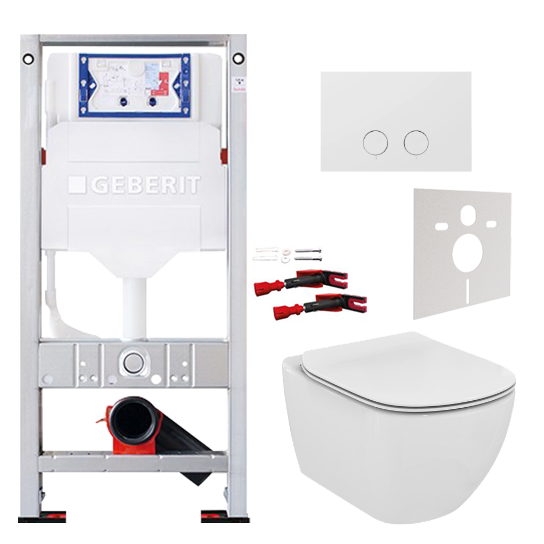WC Set: Ideal Standard Tesi Hänge WC, Weiß glänzend, spülrandlos, Burda Element für Wand-WC mit Geberit Sigma UP320 Spülkasten und Luca Varess Betätigungsplatte