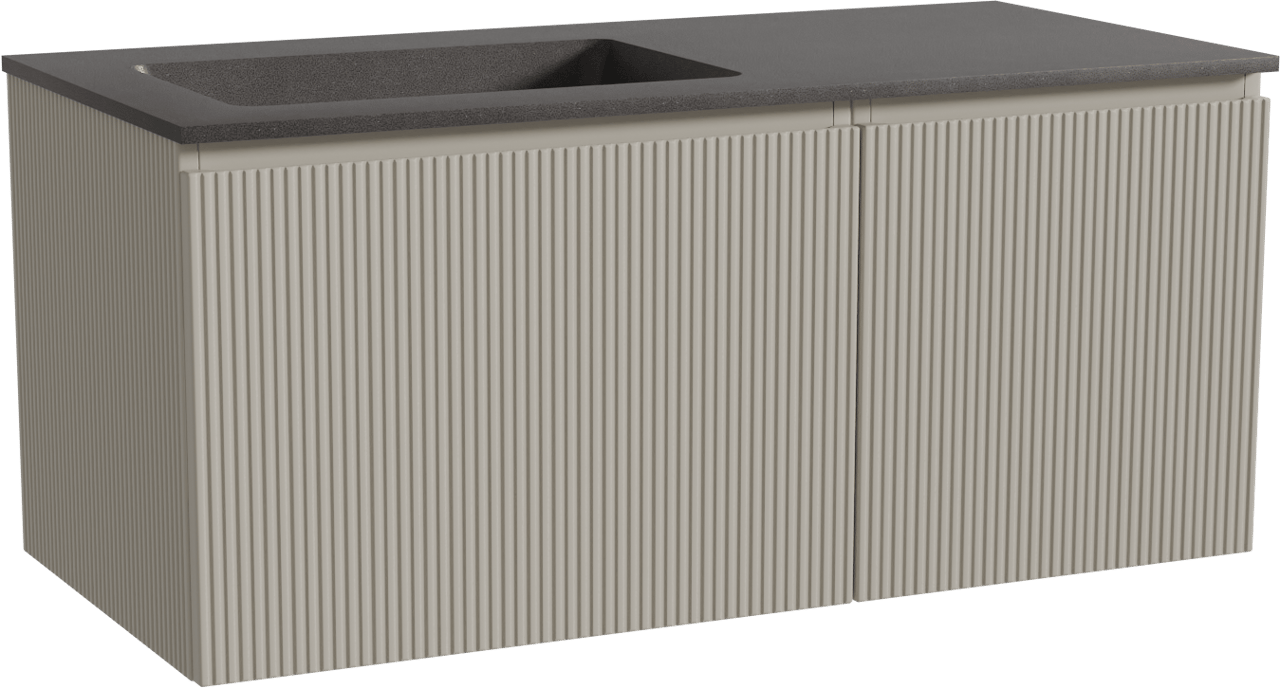 Storke Ribs zwevend badmeubel 110 x 52 cm zijdegrijs met Scuro asymmetrisch linkse wastafel in kwarts mat zwart, Verticale symmetrische rechte ribbel