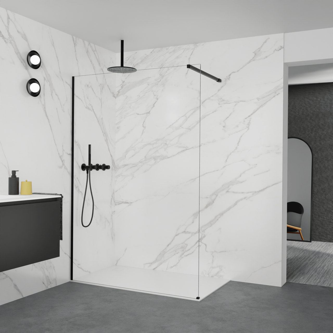 Balmani Modular Walk-In Dusche: 140 x 200 cm, Klarglas, inklusive Coating, Profil Schwarz matt