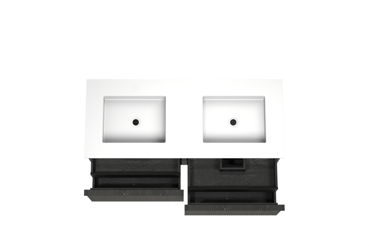 Balmani Forma zwevend badkamermeubel 135 x 55 cm zwarte eik met Tablo Stretto dubbele wastafel in solid surface mat wit, Verticale symmetrische rechte ribbel