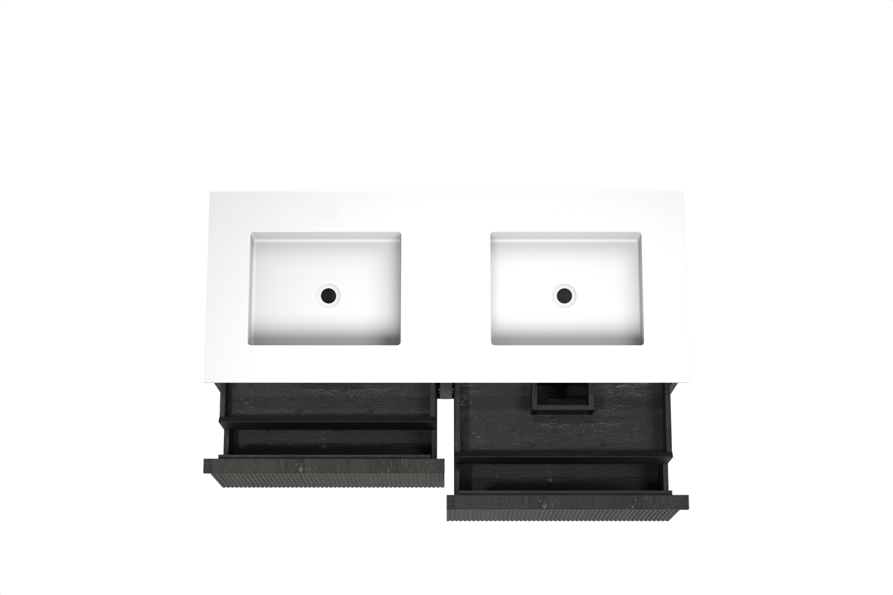 Balmani Forma meuble salle de bains suspendu 135 x 55 cm chêne noir avec Tablo Stretto double vasque en solid surface blanc mat, Nervure droite symétrique verticale