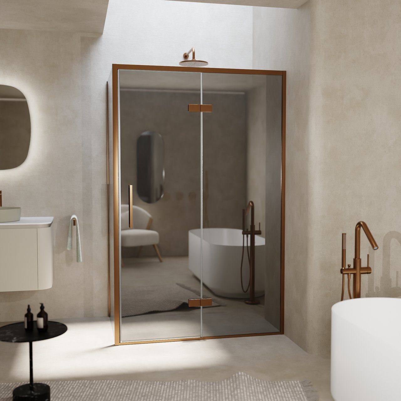 Balmani Senses Design Eckdusche: Drehtür (Rechts) mit fixierte Seitenwand, 120 x 100 cm, Reflex-Spiegelglas, Profil Brushed Rosegold, inklusive Coating