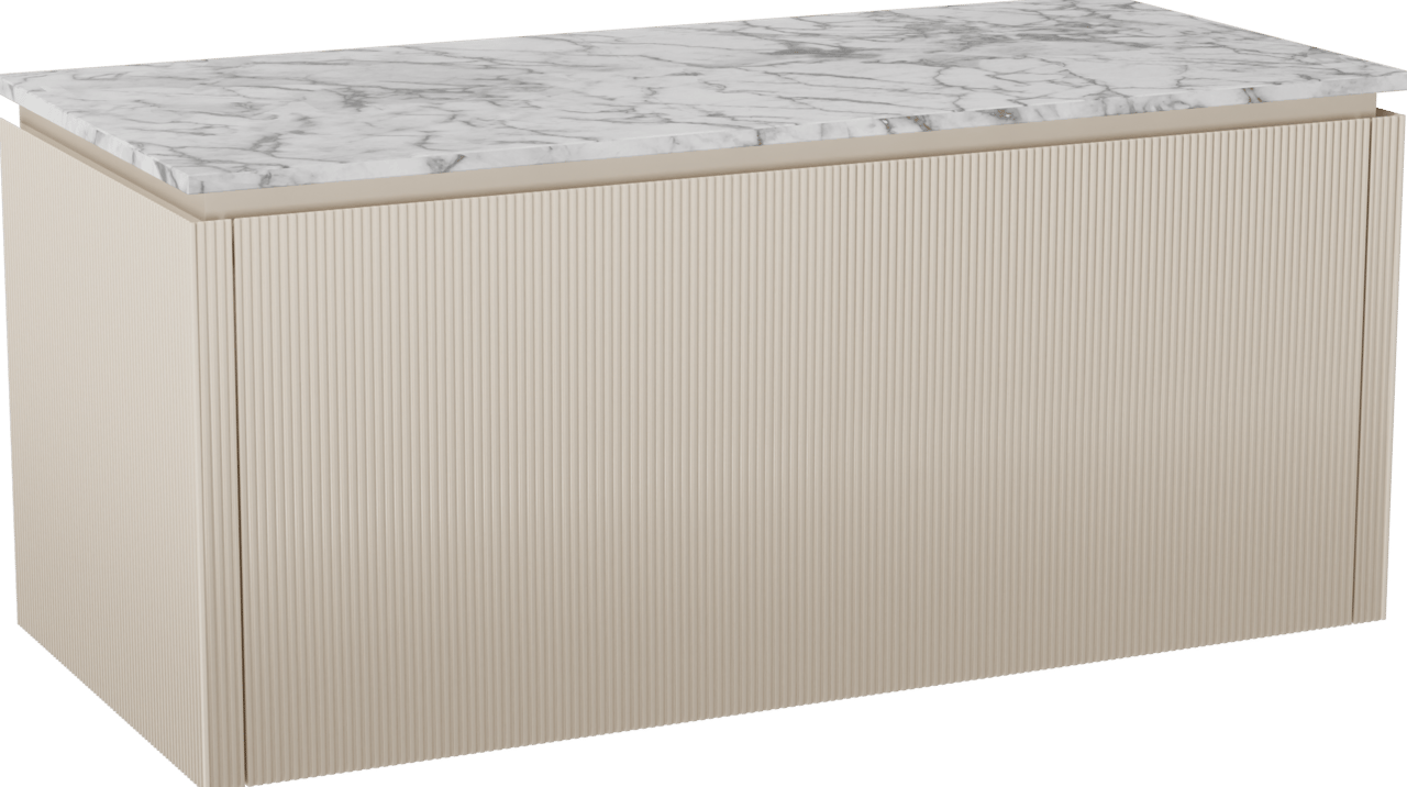 Balmani Eclips meuble salle de bains suspendu 120 x 55 cm Sandbeige avec Stretto tablette simple ou double vasque en Marbre Carrare, Nervure droite symétrique verticale