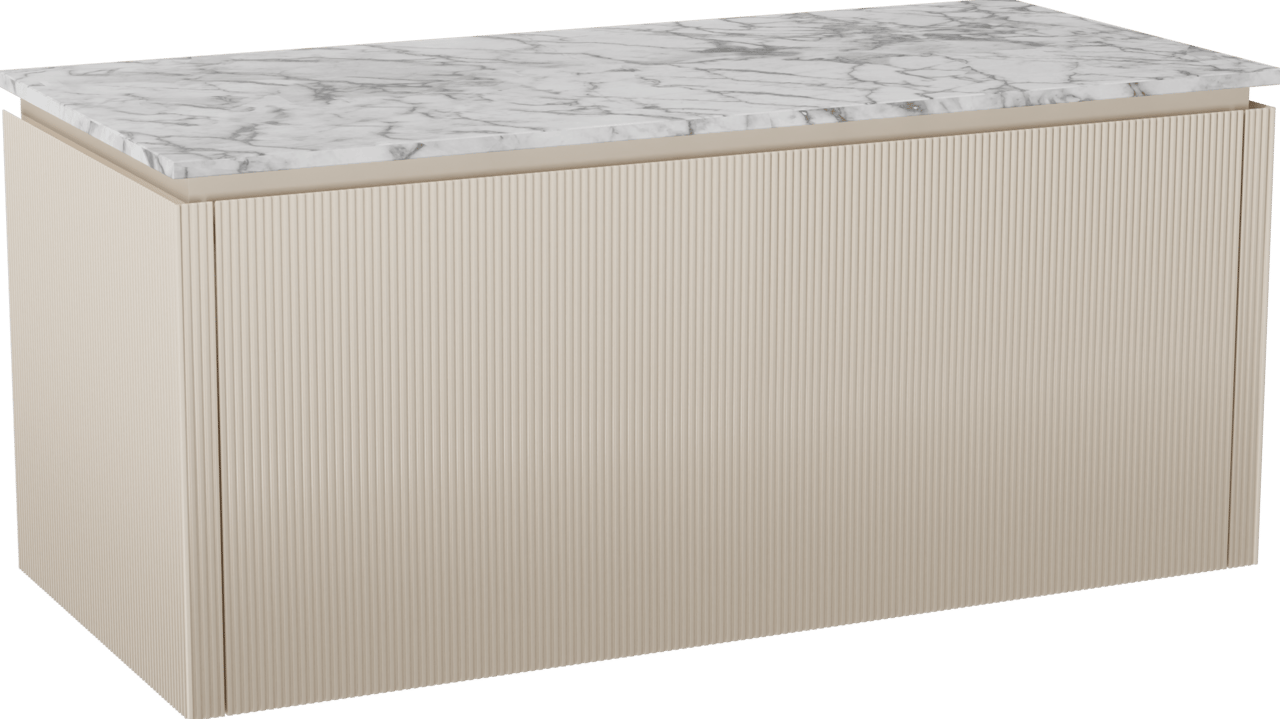 Balmani Eclips zwevend badkamermeubel 120 x 55 cm Sandbeige met Stretto enkel of dubbel tablet in Carrara marmer, Verticale symmetrische rechte ribbel