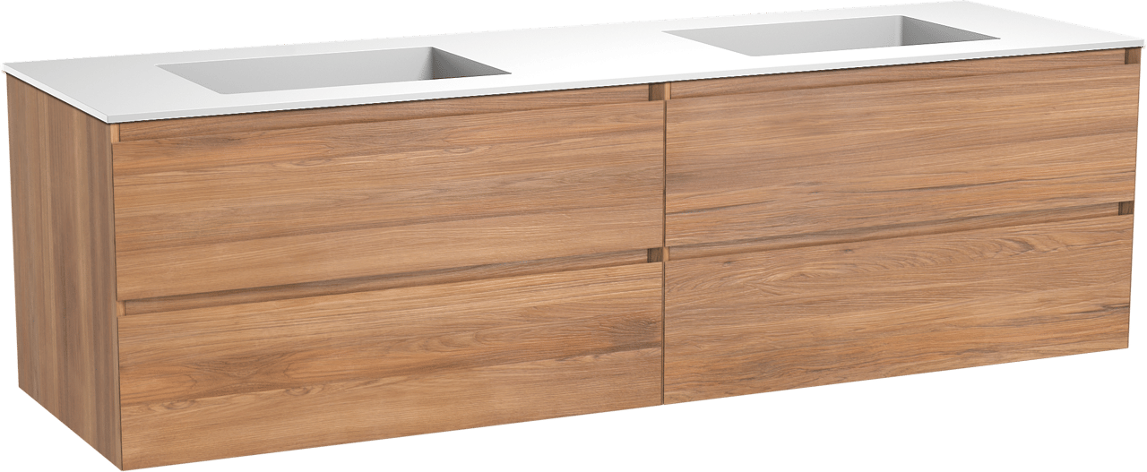 Balmani Mitra zwevend badkamermeubel 180 x 55 cm teak met Tablo Stretto dubbele wastafel in solid surface mat wit