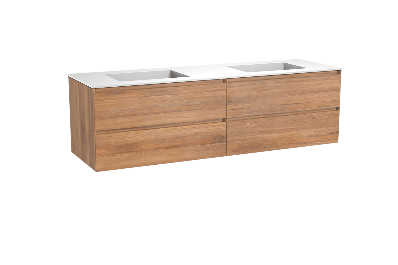 Balmani Mitra zwevend badkamermeubel 180 x 55 cm teak met Tablo Stretto dubbele wastafel in solid surface mat wit