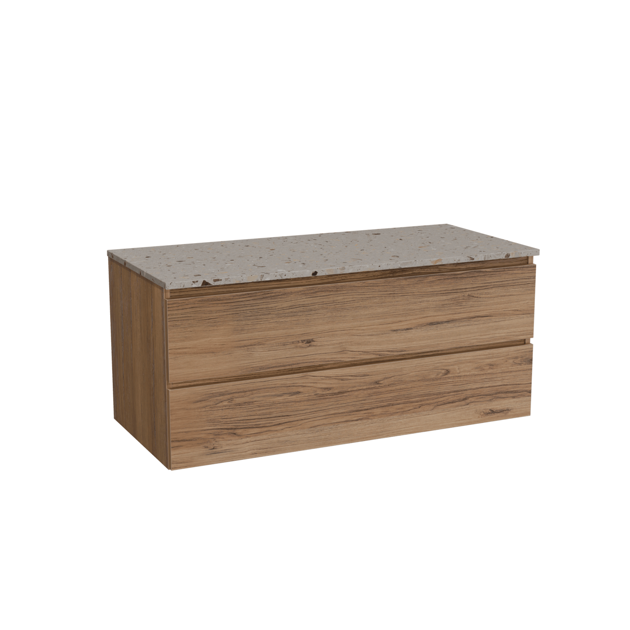 Balmani Lucida zwevend badkamermeubel 120 x 55 cm teak met Stretto enkel of dubbel tablet in terrazzo greige terrazzo