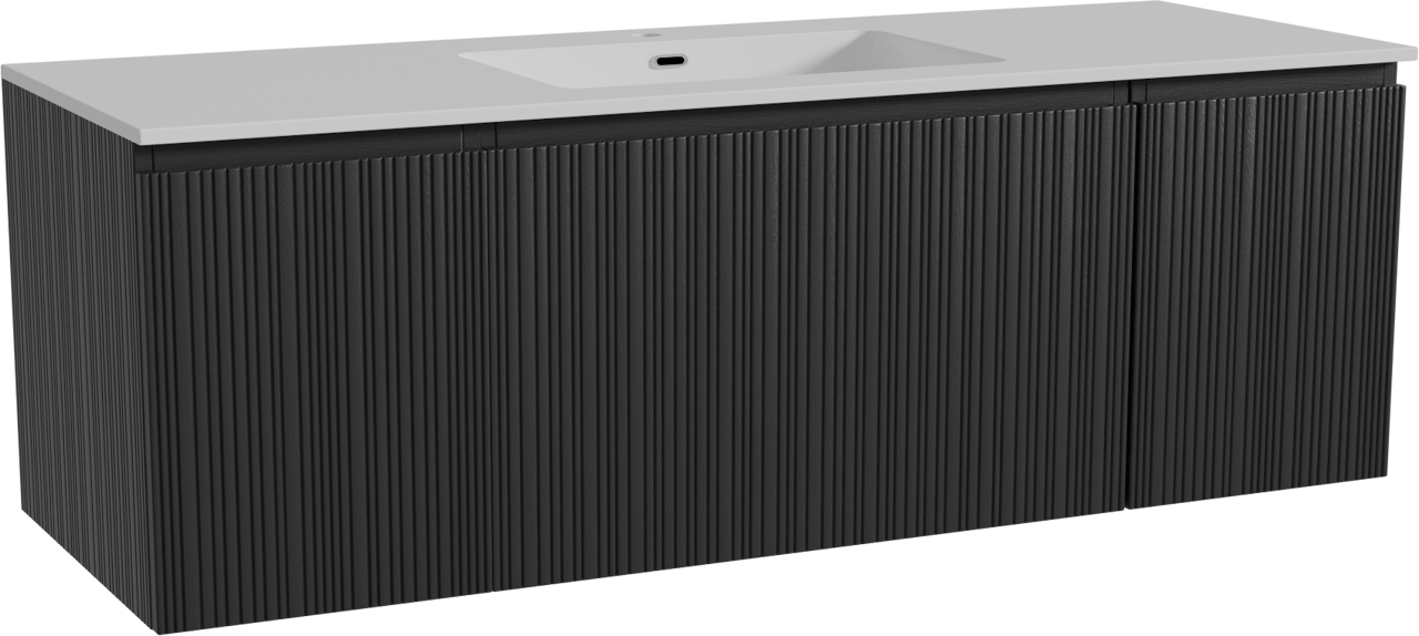 Storke Ribs hängendes Möbelstück Set: 145 x 52 cm, Schwarze Eiche, mit Diva Einzelwaschtisch, Marmorkomposit, Weiß glänzend, Vertikale asymmetrische gerade Rippe