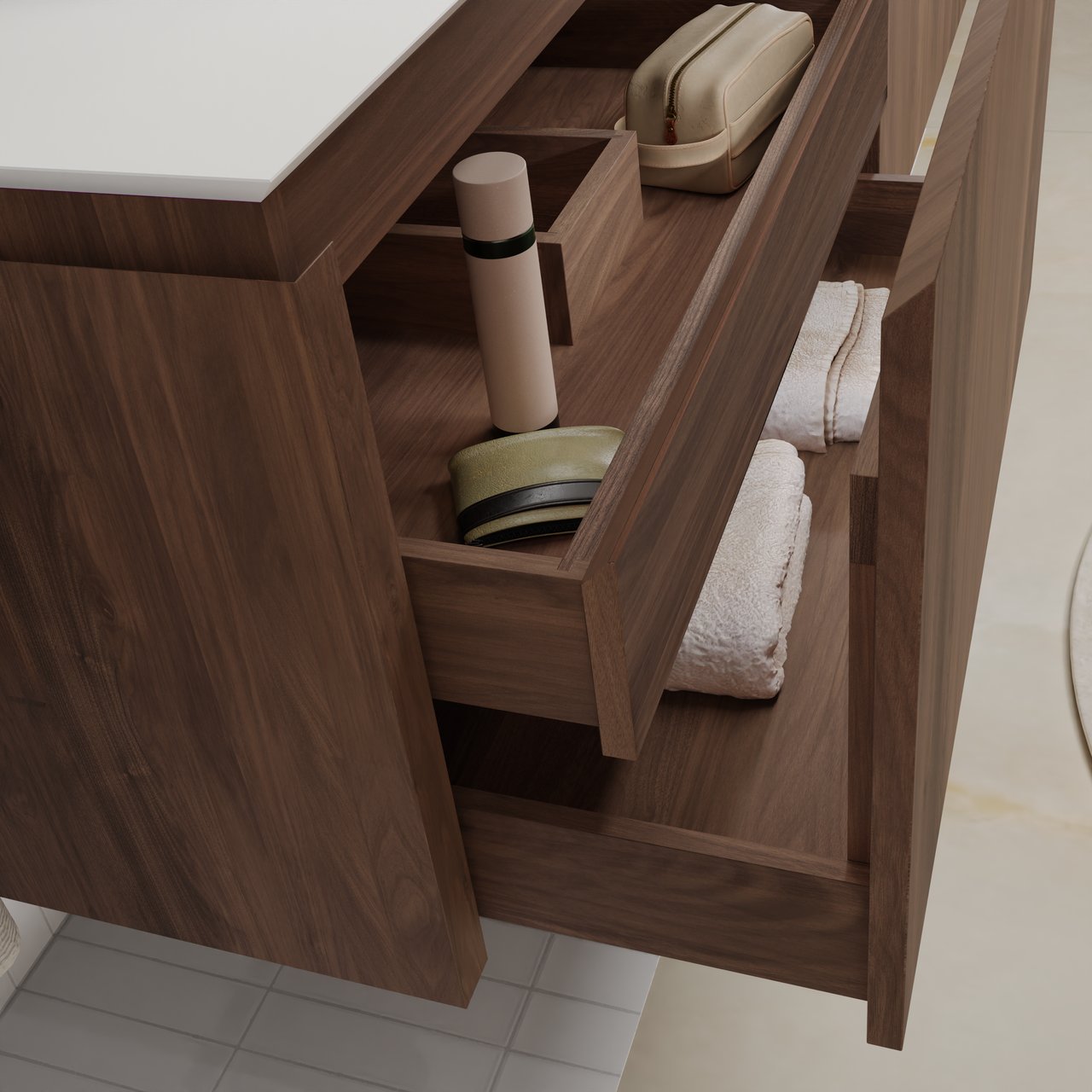 Balmani Eclips hängendes Möbelstück Set: 120 x 55 cm, Amerikanischer Nussbaum, mit Eclips Einzel- oder Doppel Waschtischplatte Solid Surface Weiβ matt