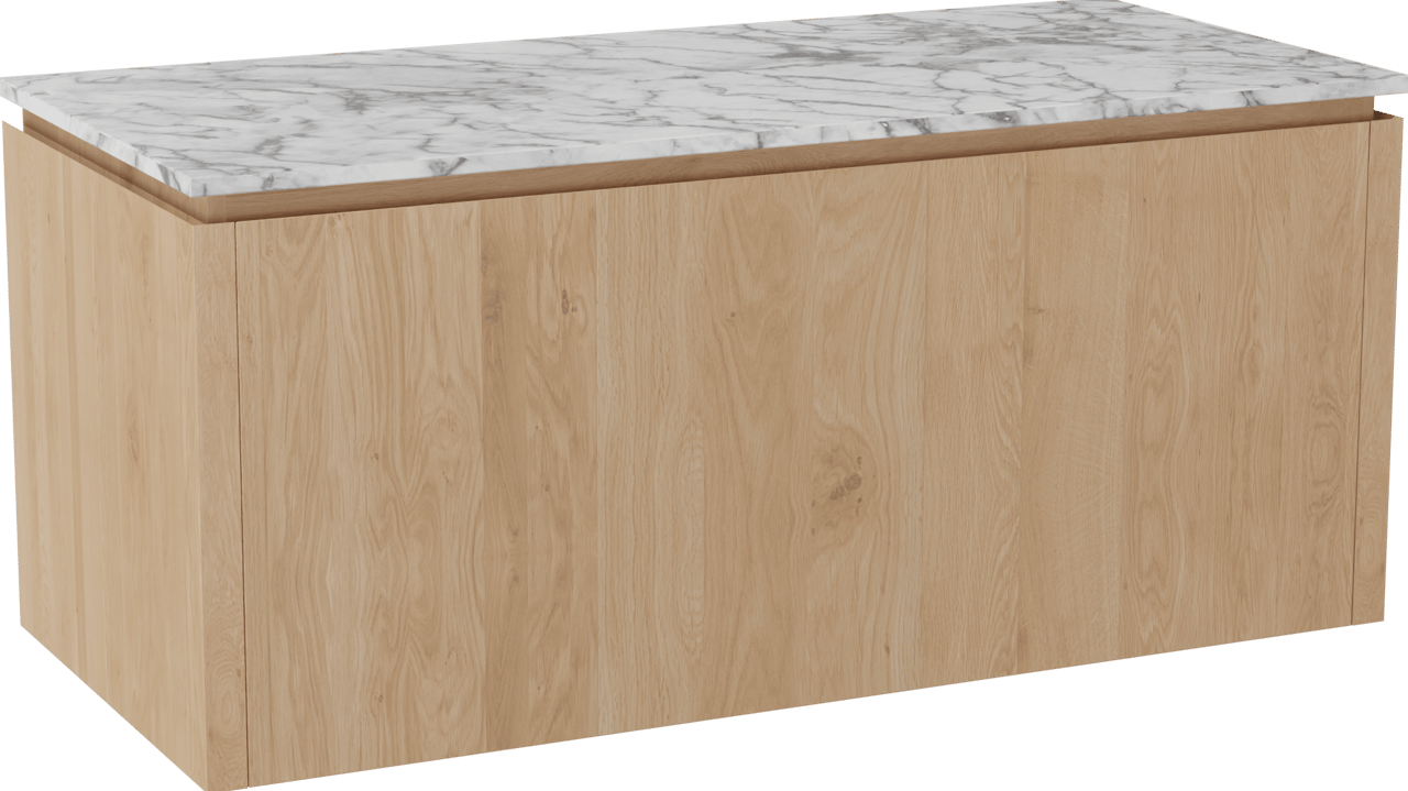 Balmani Eclips hängendes Möbelstück Set: 120 x 55 cm, Eiche Natur, mit Stretto Einzel- oder Doppel Waschtischplatte Carrara-Marmor