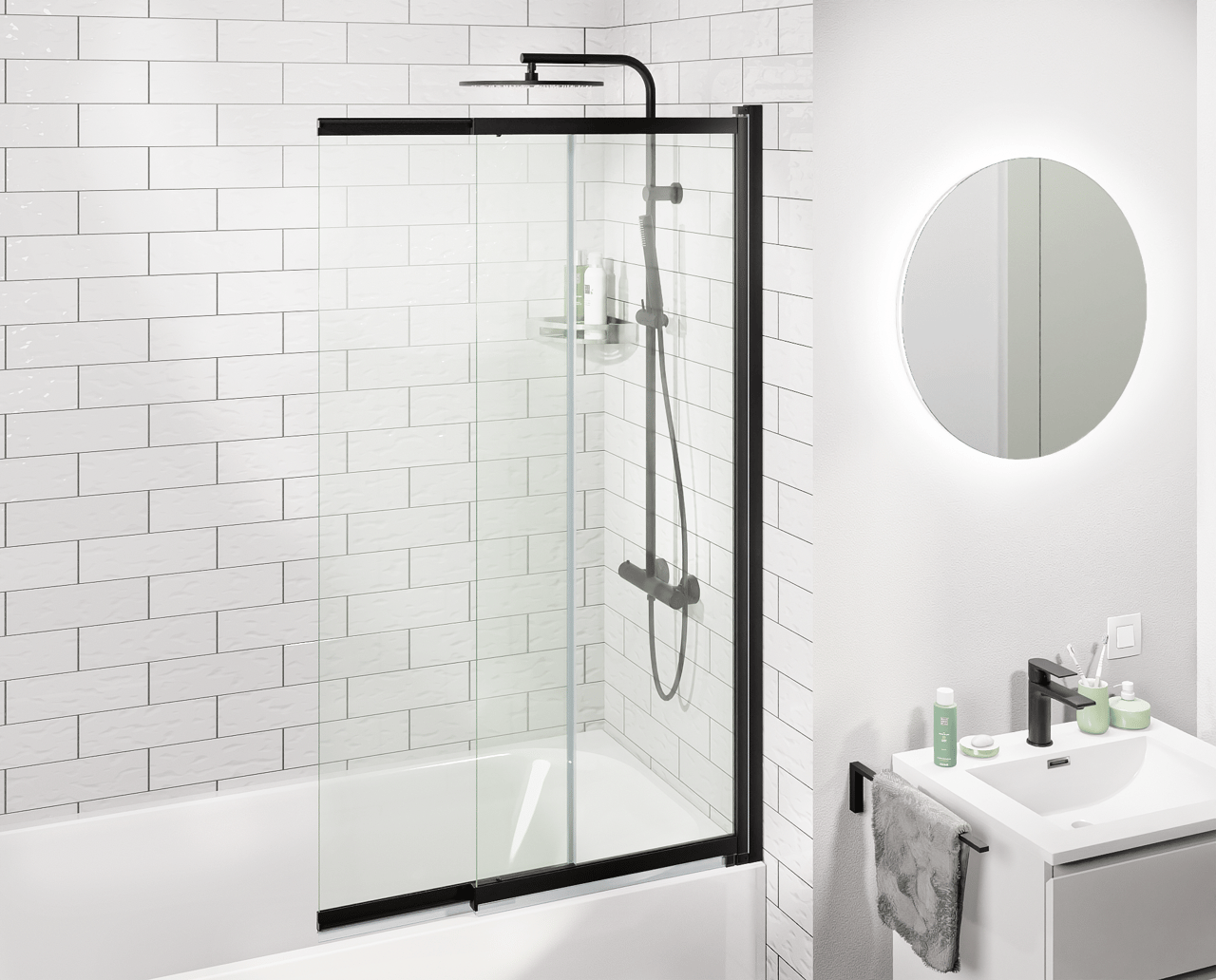 Luca Varess Vetras uitschuifbare badwand 100 cm helder glas mat zwart profiel