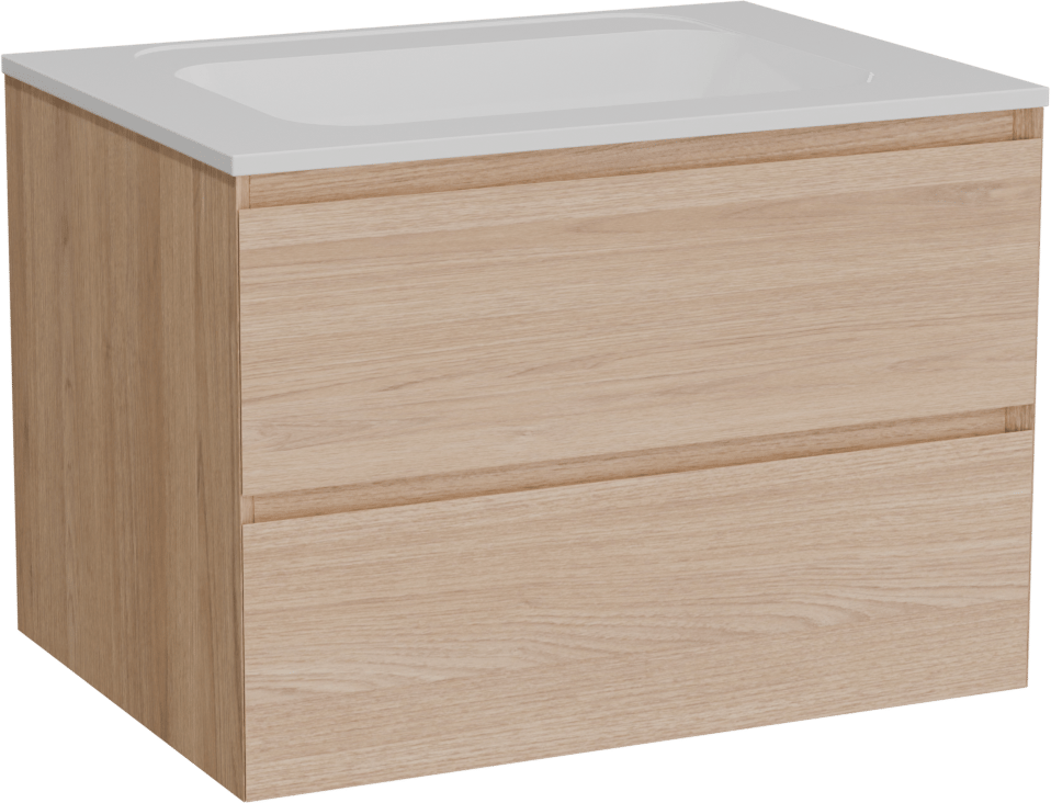Balmani Mitra zwevend badmeubel 75 x 55 cm naturel eiken met Tablo Strada enkele wastafel in composietmarmer hoogglans wit