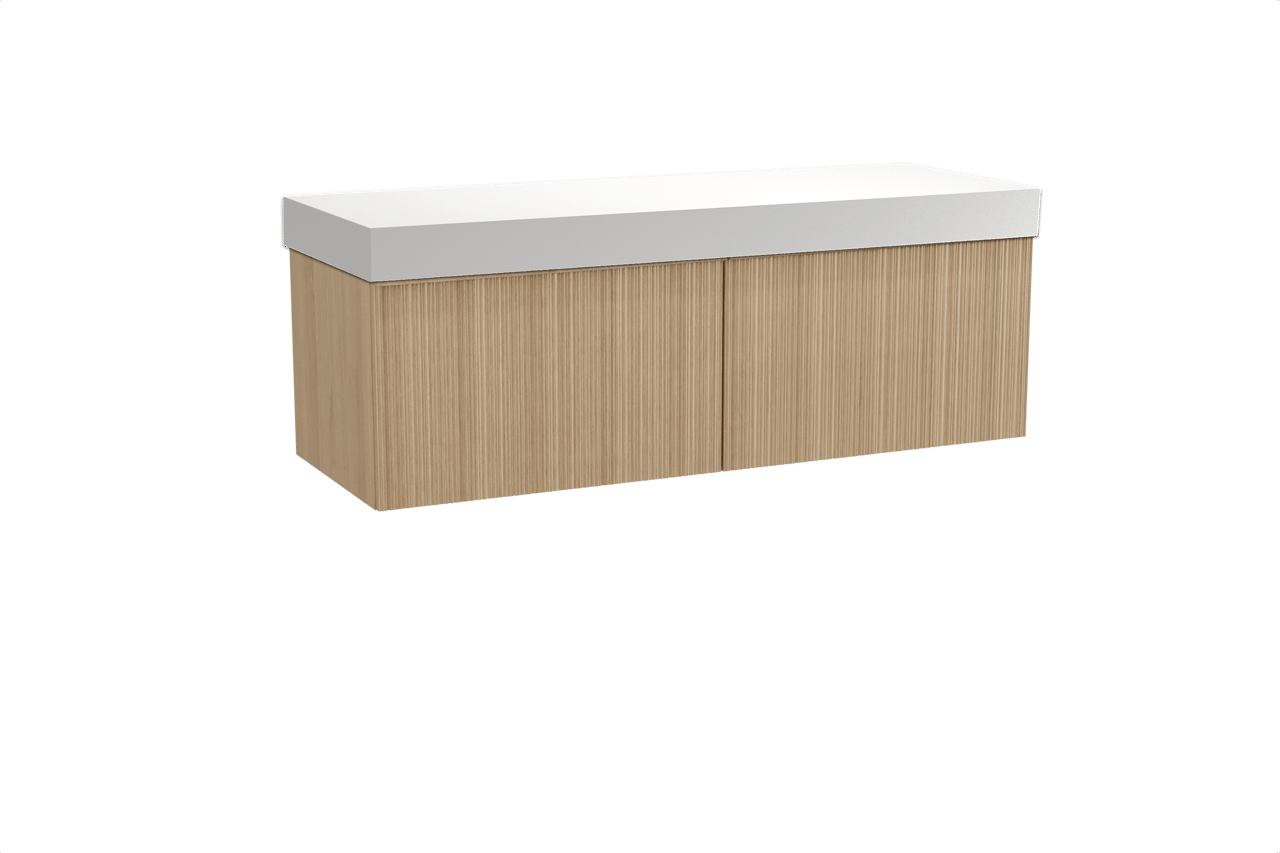 Balmani Forma hängendes Möbelstück Set: 150 x 55 cm, Naturbelassene Eiche, mit Dominus Einzel- oder Doppel Waschtischplatte, Solid Surface, Weiß matt, Vertikale asymmetrische Runde Rippe