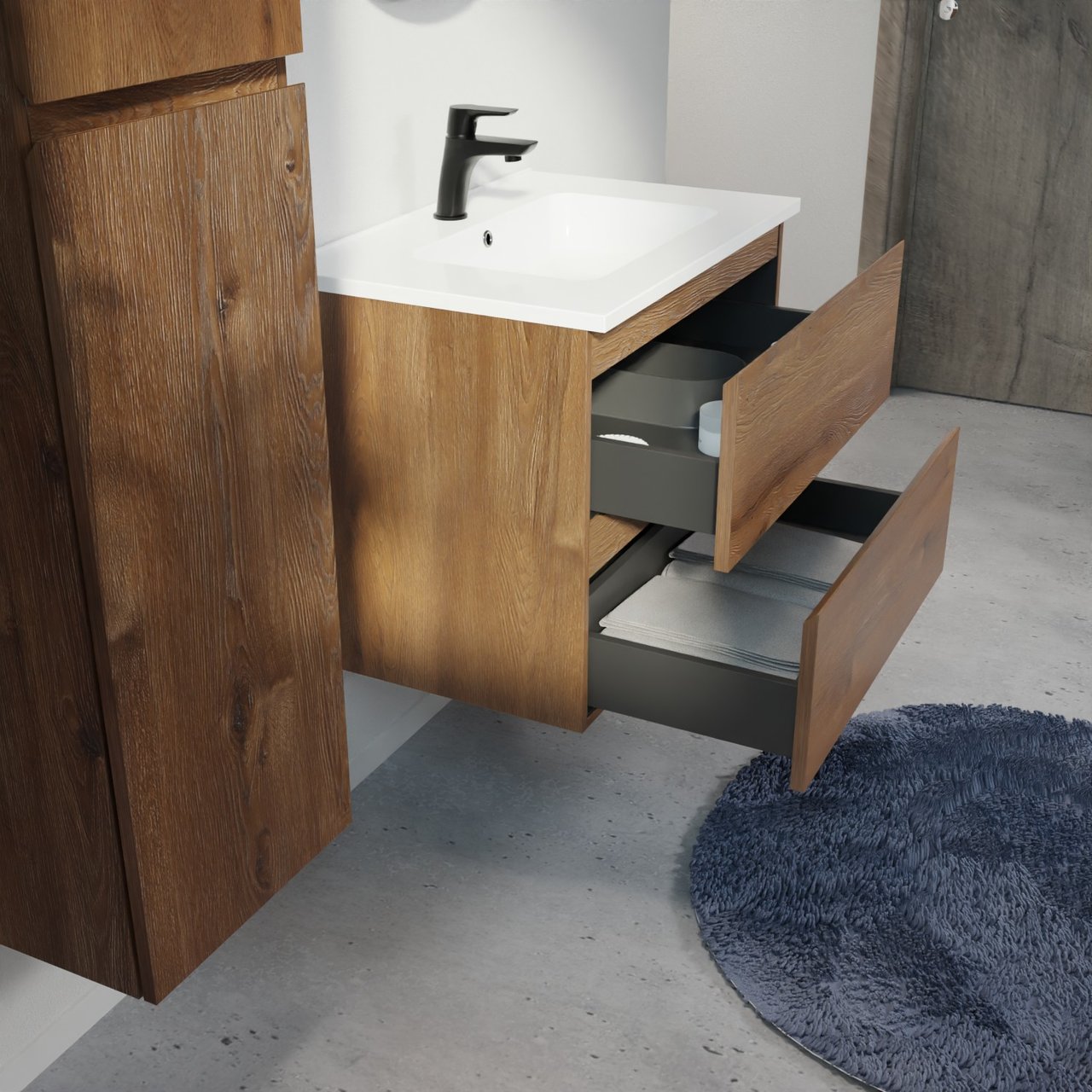 Linie Lado meuble salle de bains suspendu 70 x 46 cm chêne brun avec Vano plan simple en marbre composite blanc brillant