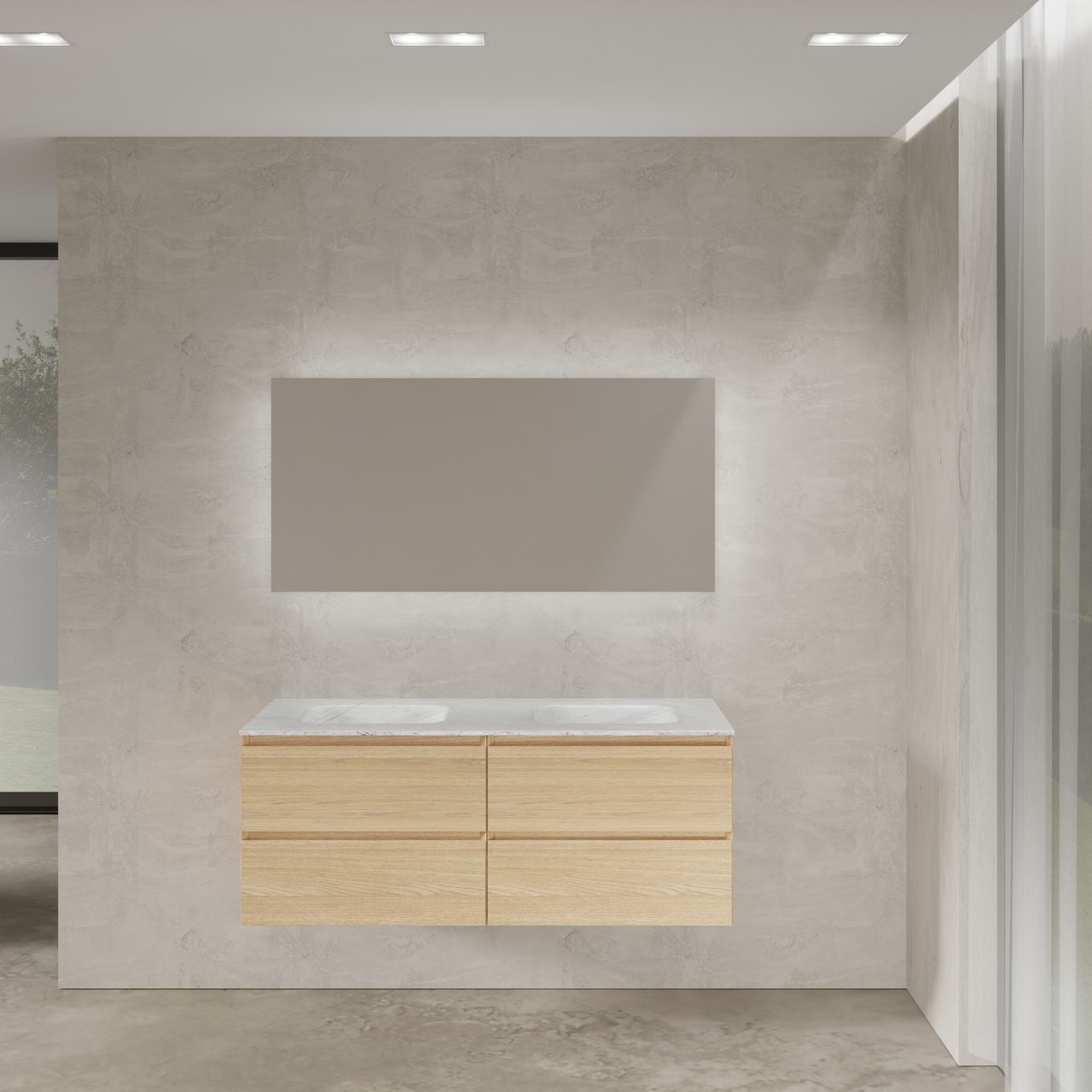 Balmani Mitra meuble salle de bains suspendu 135 x 55 cm chêne naturel avec Tablo Arcato double vasque en marbre carrare et Giro miroir