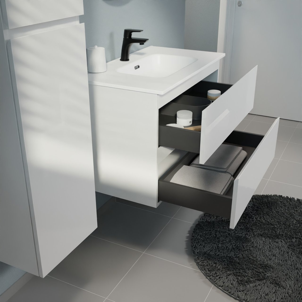 Linie Lado meuble salle de bains suspendu 80 x 46 cm blanc brillant avec Baro plan simple en porcelaine blanc mat