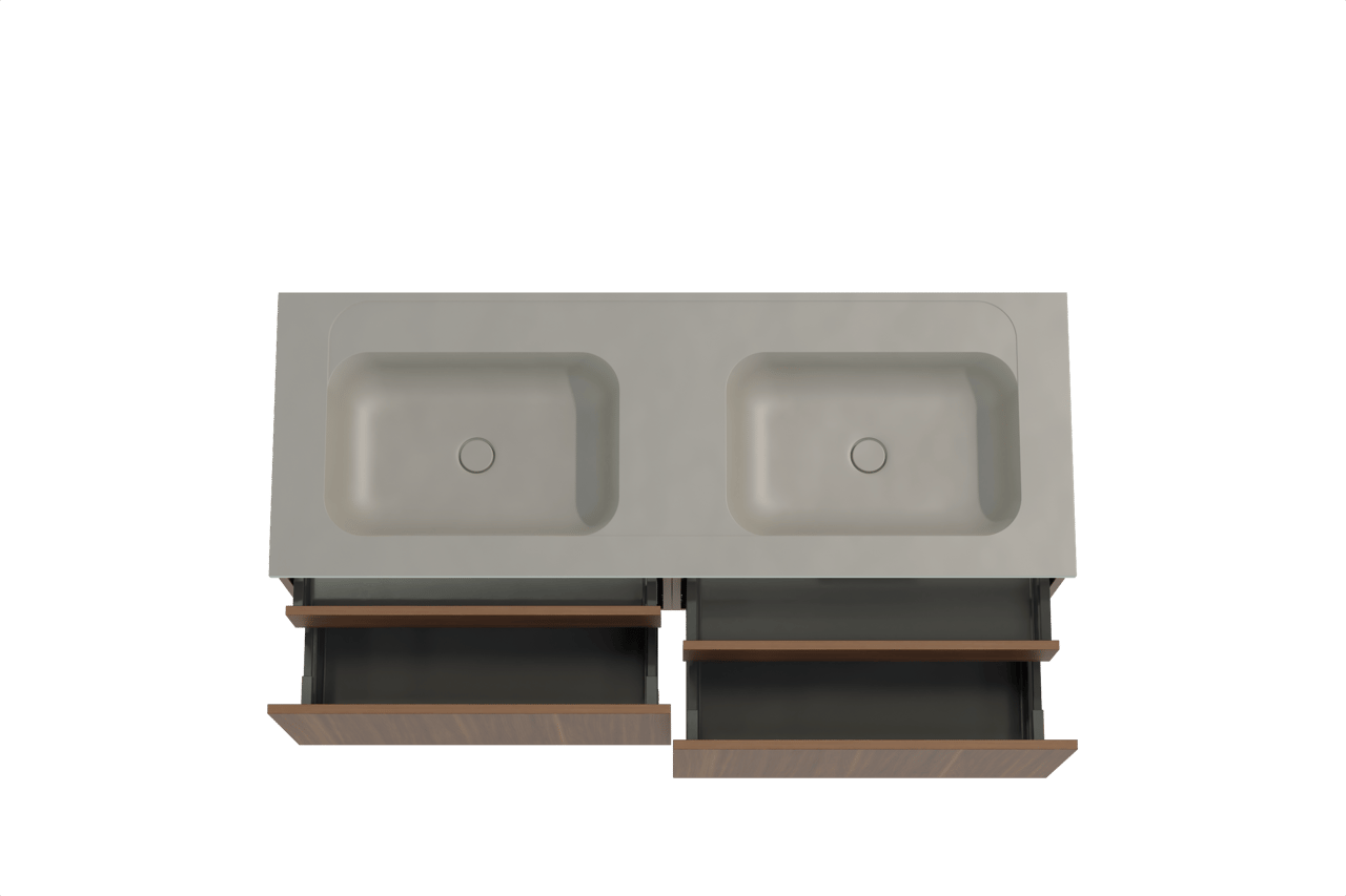 Balmani Sfera meuble salle de bains suspendu 150 x 55 cm noyer américain avec Tablo Strada double vasque en marbre composite soie grise