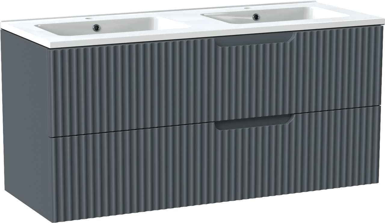 Linie Ribbo meuble salle de bains suspendu 120 x 46 cm bleu anthracite avec Vano double vasque en marbre composite blanc brillant, Nervure circulaire symétrique verticale