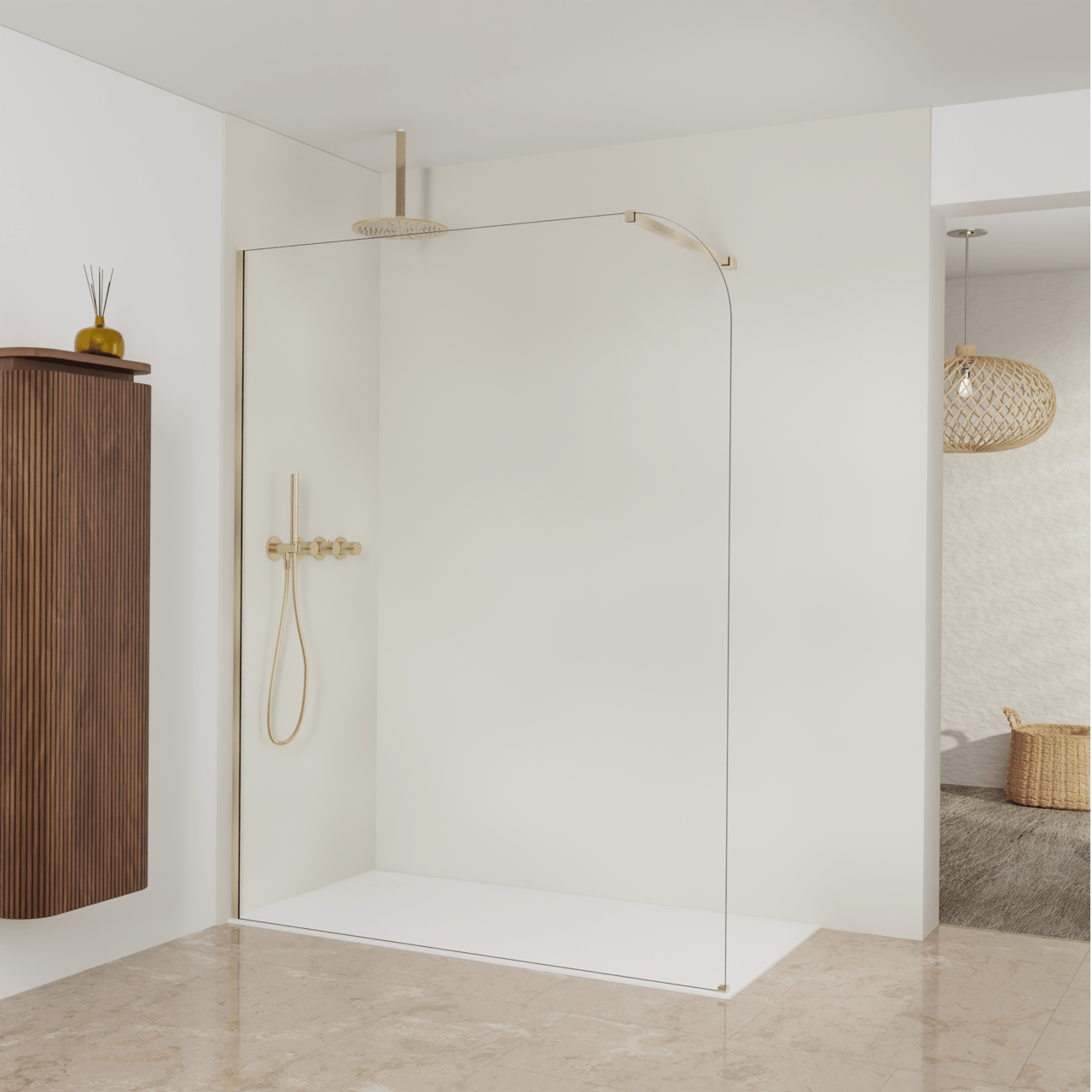 Balmani Modular Walk-In Dusche: 160 x 200 cm, Klarglas abgerundet, Profil Brushed Champagne Gold