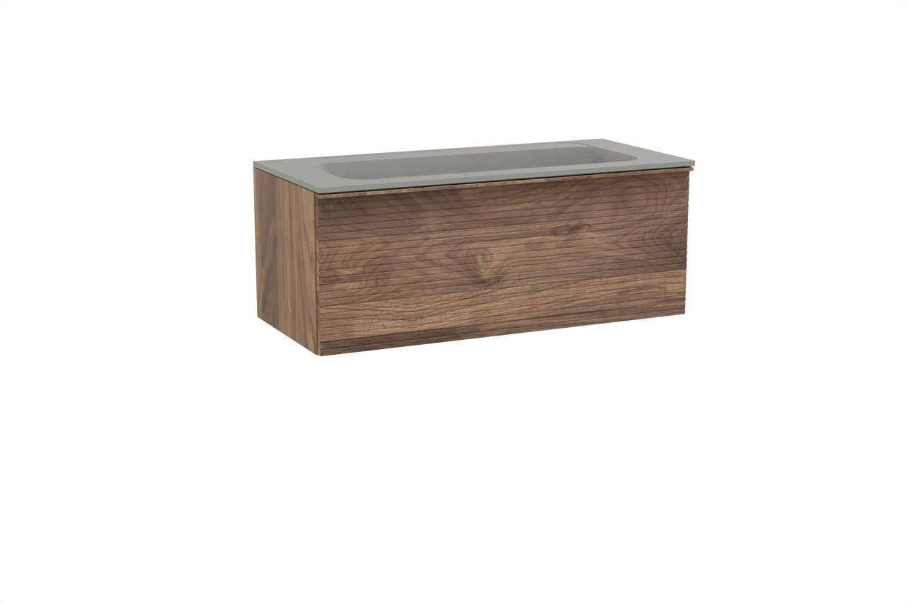 Balmani Forma meuble salle de bains suspendu 120 x 55 cm noyer américain avec Tablo Strada lavabo simple pour 2 trous de robinet en marbre composite soie grise, Nervure droite symétrique horizontale