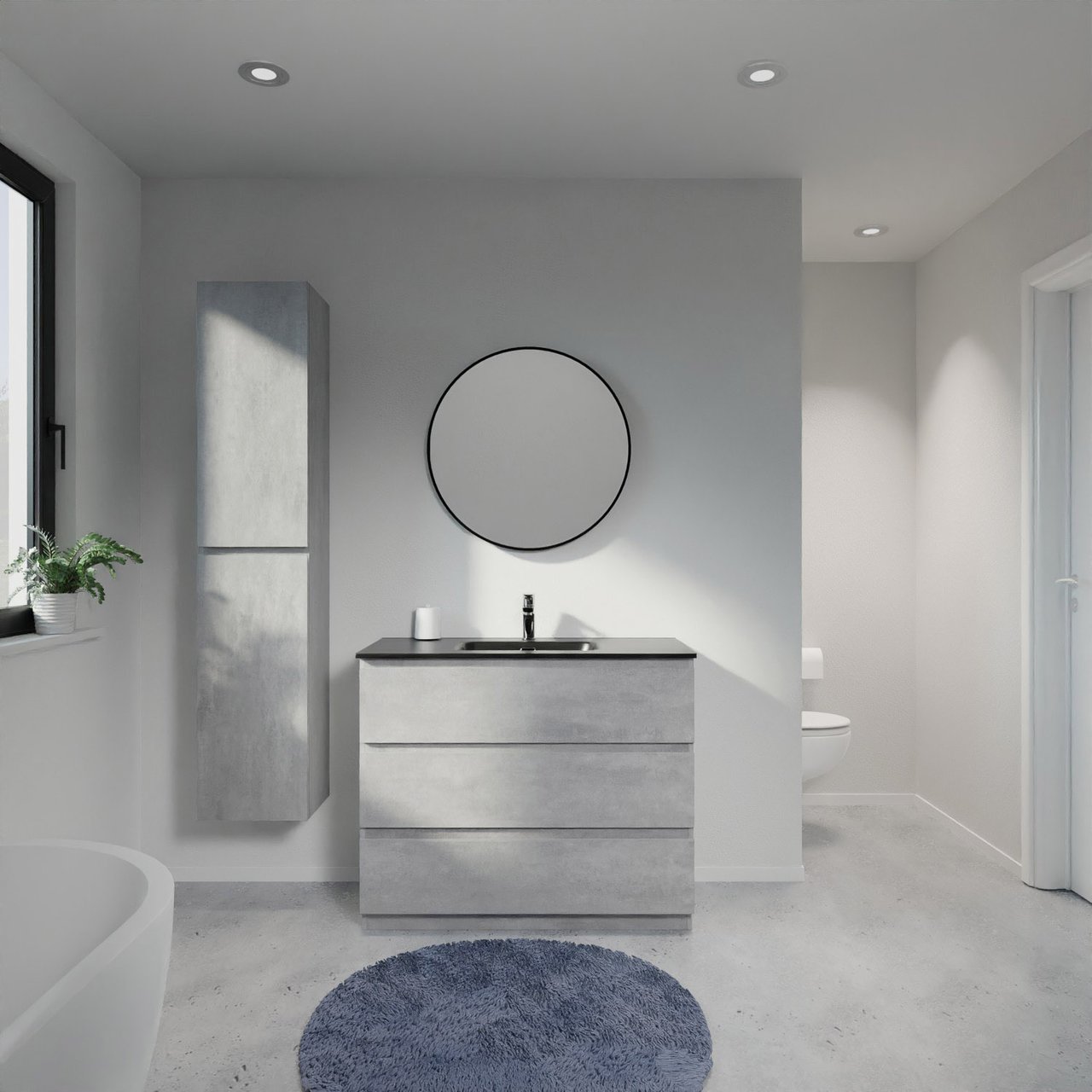 Linie Lado freistehendes Möbelstück Set: 100 x 46 cm, Beton dunkelgrau, mit Baro Einzelwaschtisch, Porzellan Schwarz matt