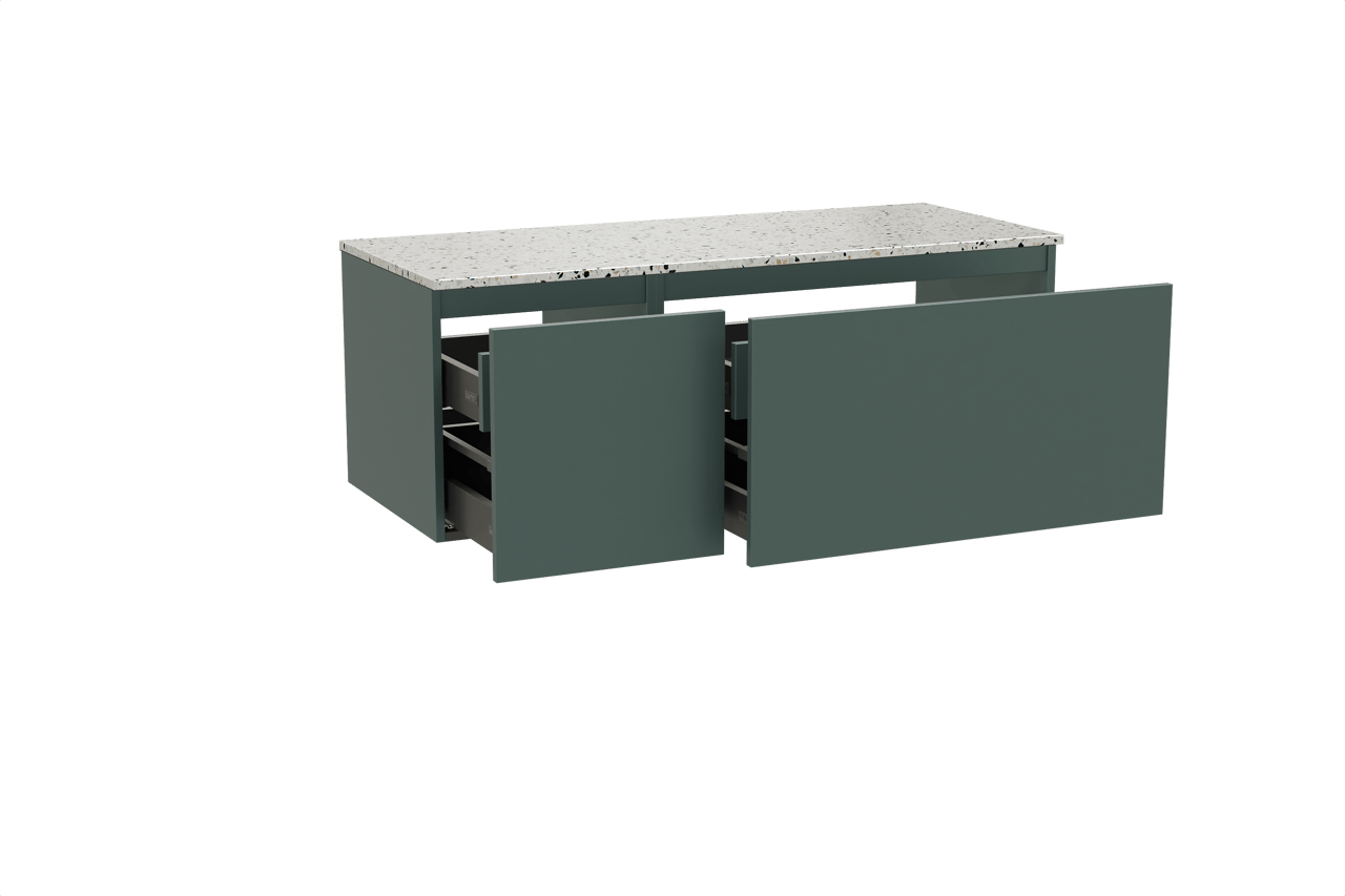 Balmani Sfera hängendes Möbelstück Set: 135 x 55 cm, Forest, mit Stretto Einzel- oder Doppel Waschtischplatte, Terrazzo in Weiß/Schwarz matt