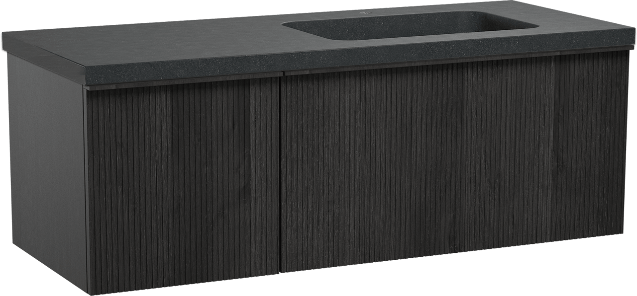 Balmani Forma meuble salle de bains suspendu 135 x 55 cm chêne noir avec Napoli plan vasque asymétrique à droite en granit noir, Nervure droite symétrique verticale