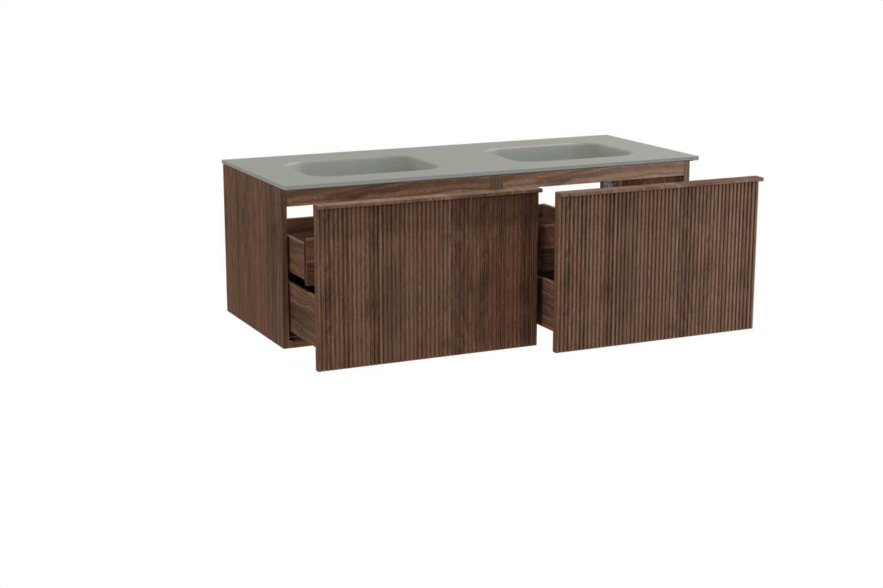 Balmani Forma hängendes Möbelstück Set: 135 x 55 cm, Amerikanischer Nussbaum, mit Tablo Arcato Doppelwaschtisch, Solid Surface, Steingrau, Vertikale symmetrische gerade Rippe