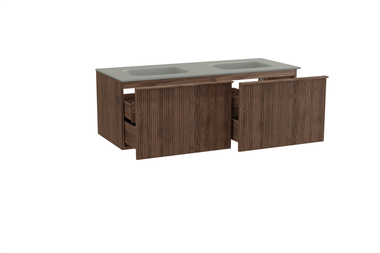 Balmani Forma zwevend badkamermeubel 135 x 55 cm amerikaanse notelaar met Tablo Arcato dubbele wastafel in solid surface steengrijs, Verticale symmetrische rechte ribbel