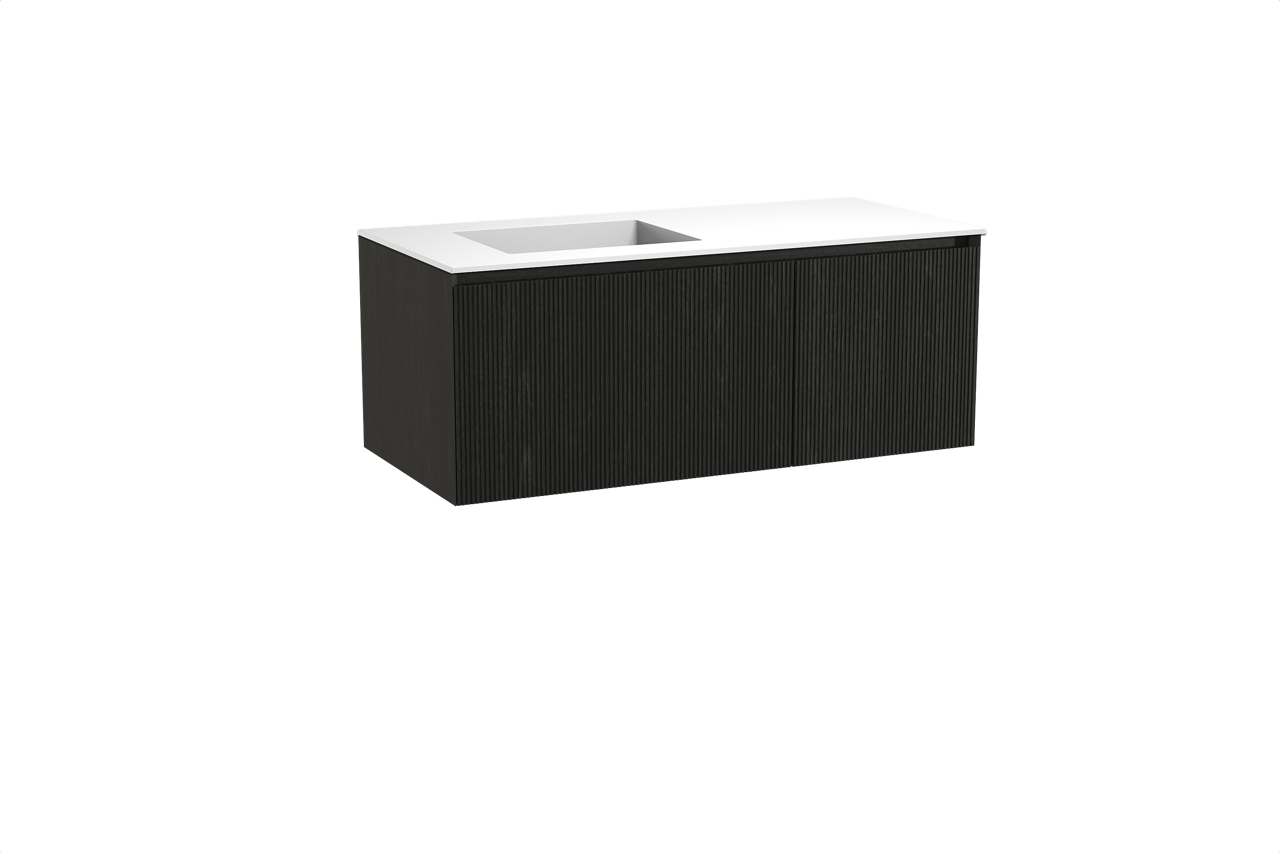 Balmani Fila hängendes Möbelstück Set: 120 x 55 cm, Schwarze Eiche, mit Tablo Stretto Waschtisch links, Solid Surface, Weiß matt, Vertikale symmetrische gerade Rippe