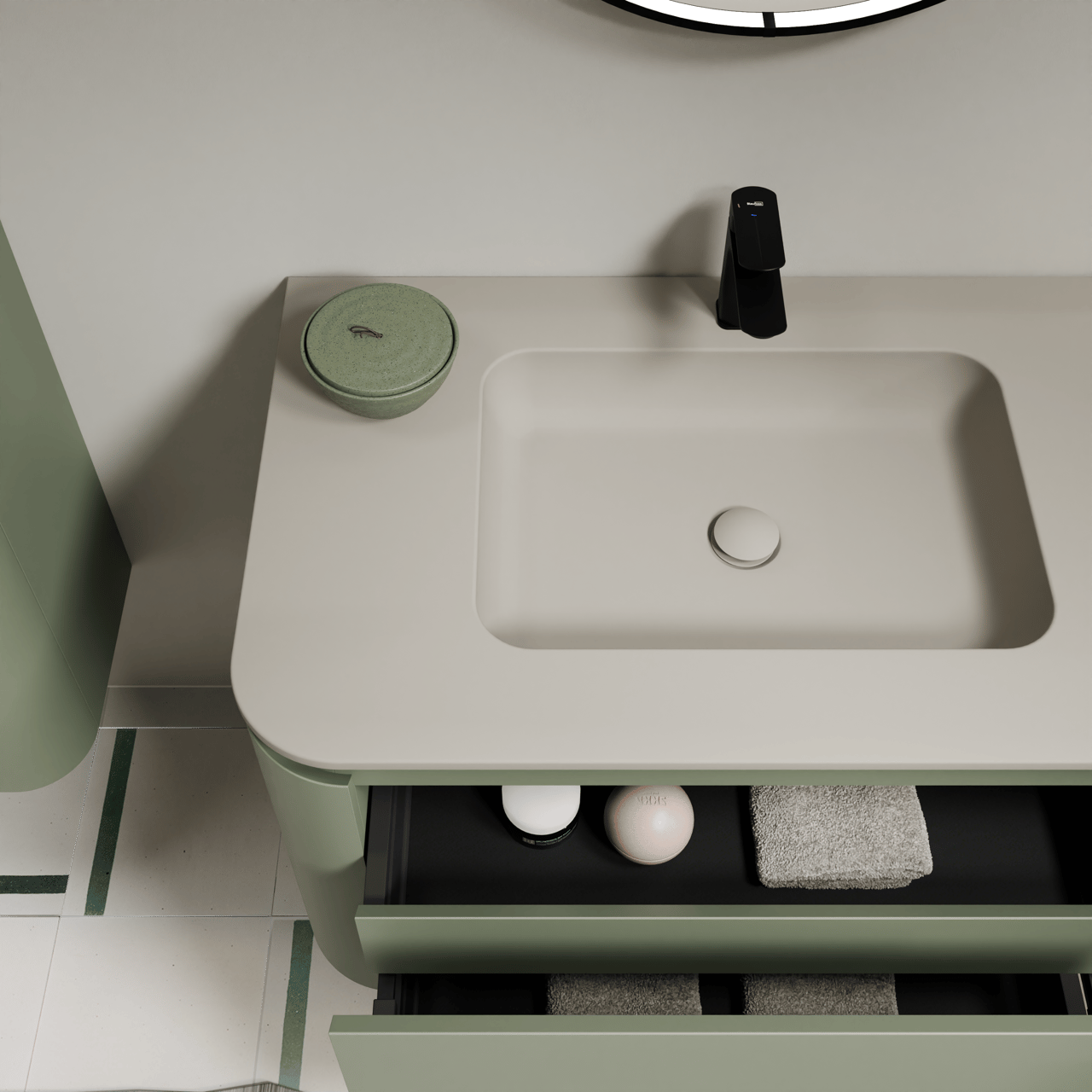 Balmani Moon hängendes Möbelstück Set: 160 x 55 cm, Salbeigrün, mit Moon Doppelwaschtisch, Top Solid Seidengrau