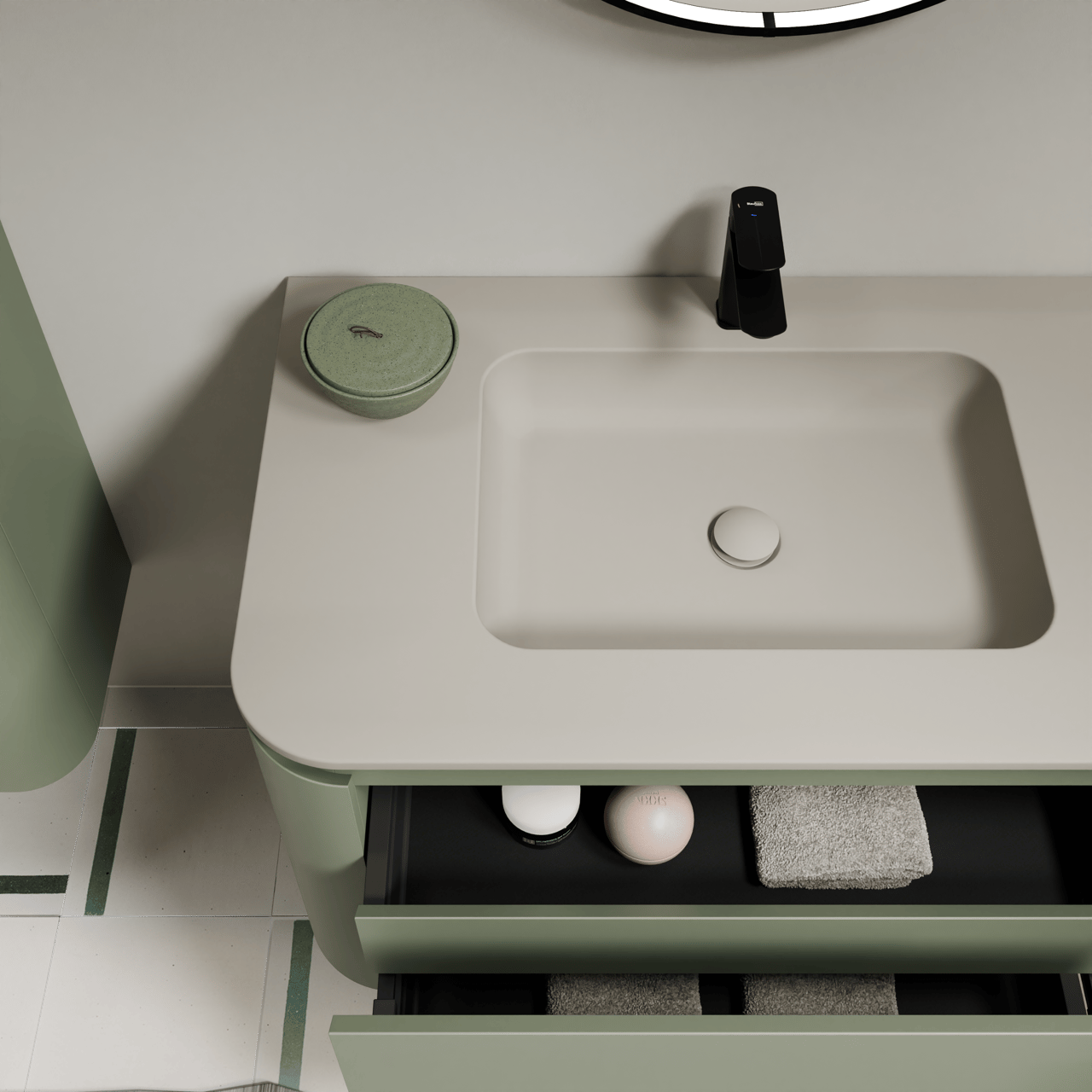 Balmani Moon hängendes Möbelstück Set: 130 x 55 cm, Salbeigrün, mit Moon Einzelwaschtisch, Top Solid Seidengrau