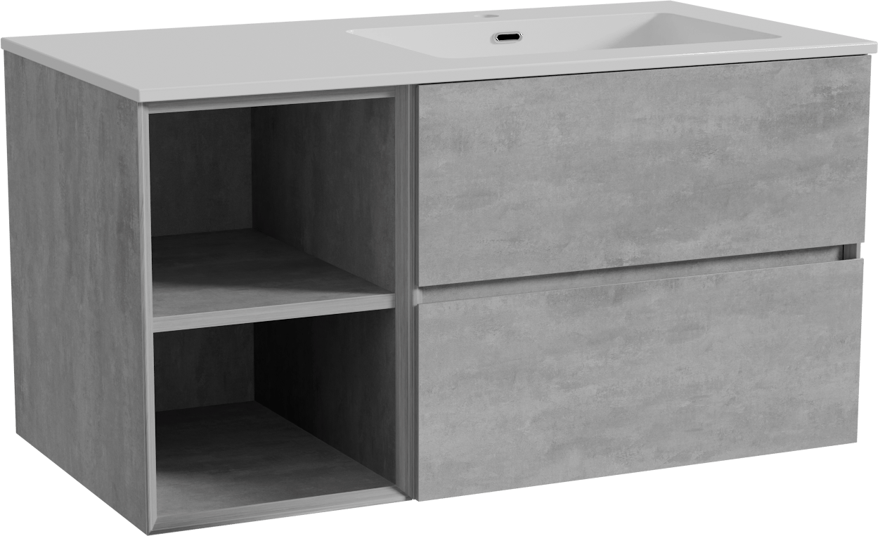 Storke Edge meuble salle de bains suspendu 100 x 52 cm béton gris foncé avec Diva vasque asymétrique droite en marbre composite blanc brillant