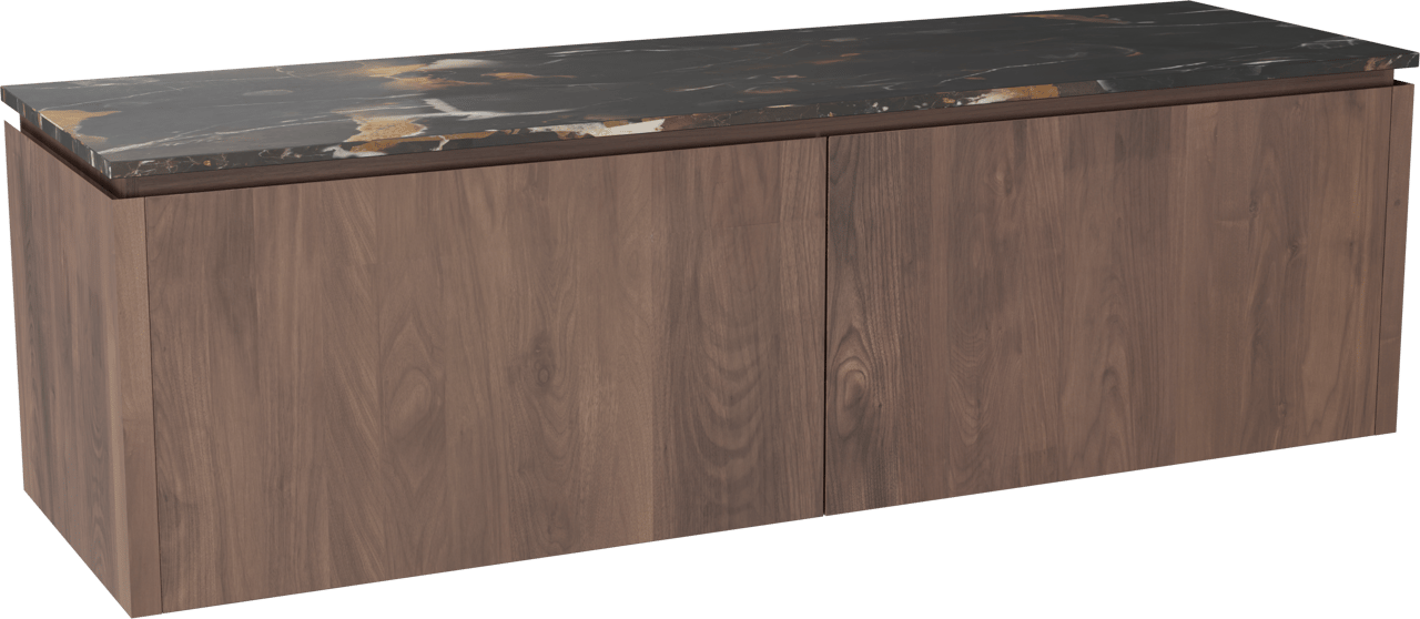 Balmani Eclips meuble salle de bains suspendu 180 x 55 cm Noyer américain avec Stretto tablette simple ou double vasque en Portoro Gold marbre