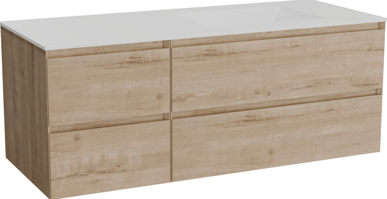 Balmani Mitra hängendes Möbelstück Set: 135 x 55 cm, Rohe Eiche, mit Tablo Stretto Waschtisch rechts, Solid Surface Weiß matt