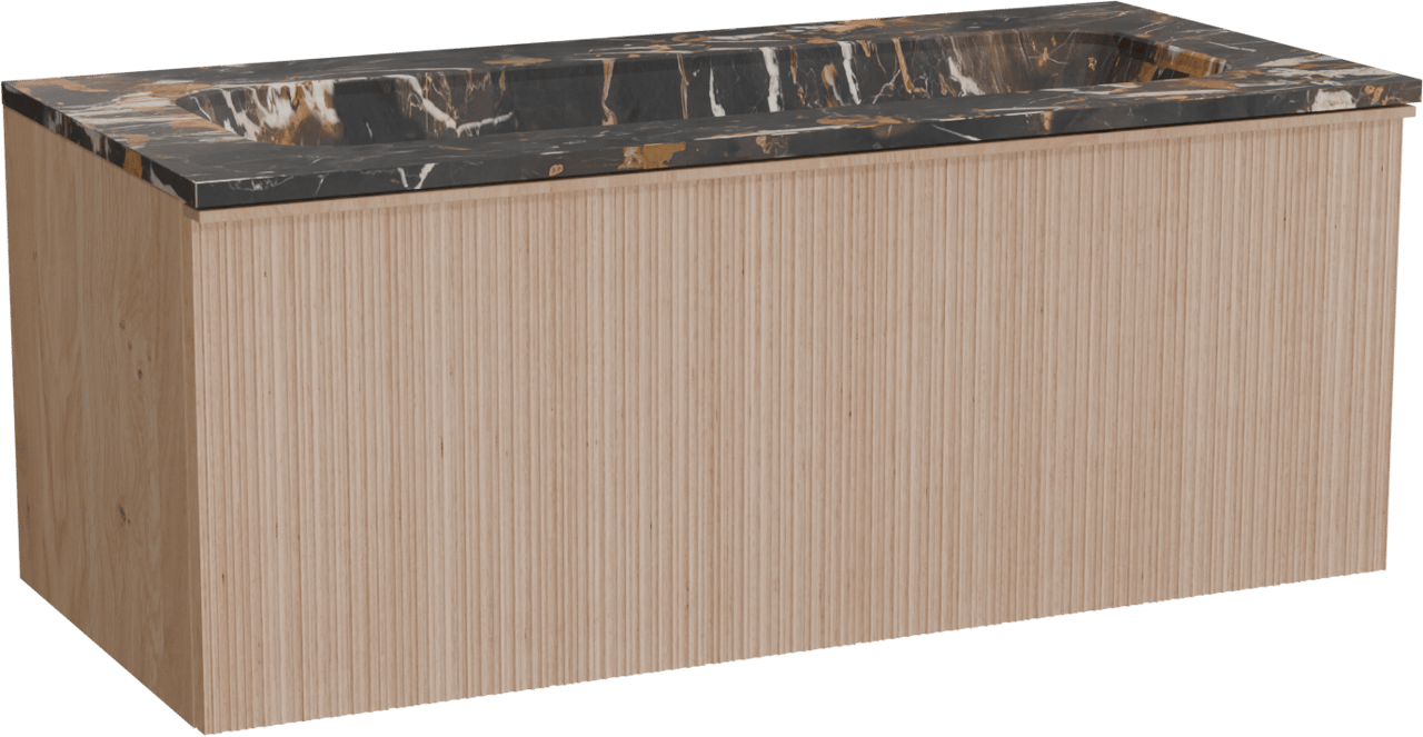 Balmani Forma zwevend badmeubel 120 x 55 cm naturel eiken met Tablo Arcato enkele wastafel voor 2 kraangaten in marmer portoro gold, Verticale asymmetrische ronde ribbel