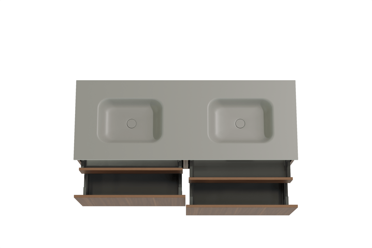 Balmani Sfera meuble salle de bains suspendu 150 x 55 cm noyer américain avec Tablo Arcato double vasque en solid surface gris pierre