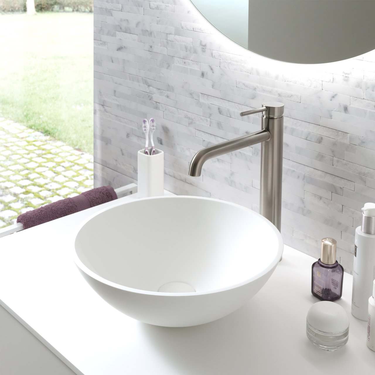 Blaufoss Round verhoogde wastafelkraan Brushed CoolMetal