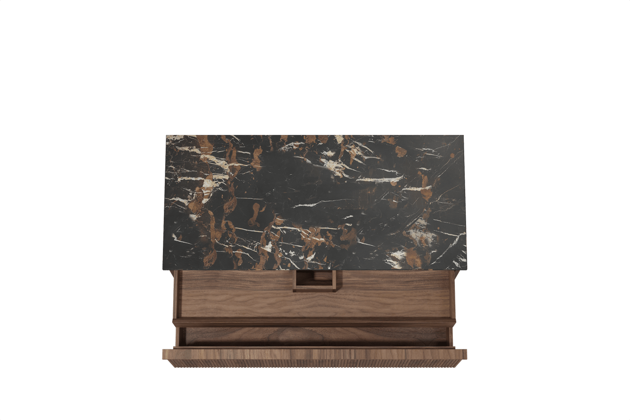 Balmani Forma zwevend badkamermeubel 120 x 55 cm amerikaanse notelaar met Stretto enkel tablet in marmer portoro gold, Verticale symmetrische rechte ribbel