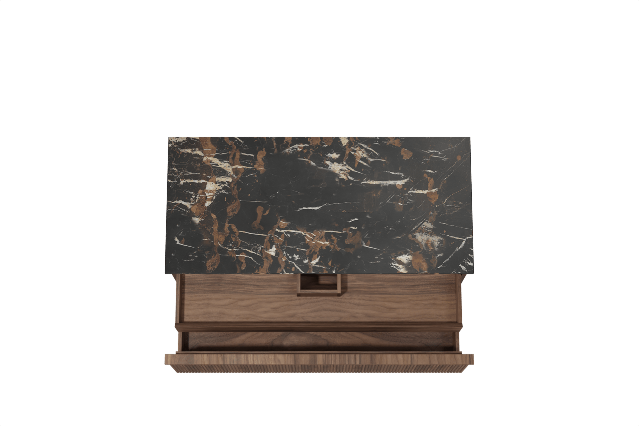 Balmani Forma zwevend badkamermeubel 120 x 55 cm amerikaanse notelaar met Stretto enkel tablet in marmer portoro gold, Verticale symmetrische rechte ribbel