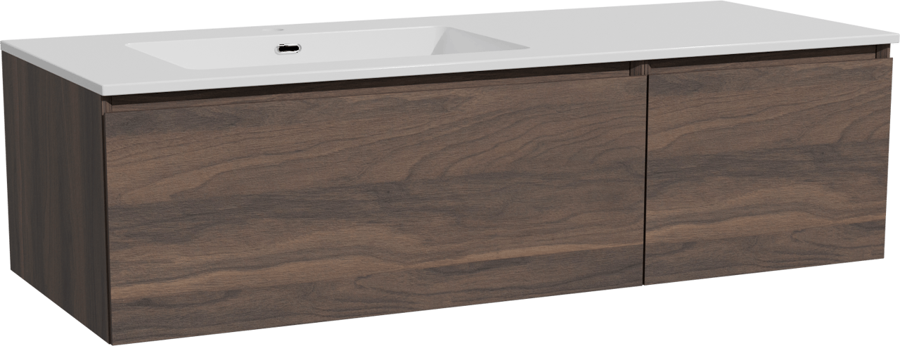 Storke Edge meuble salle de bains suspendu 130 x 52 cm noyer avec Diva vasque asymétrique gauche en marbre composite blanc brillant