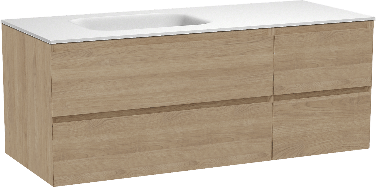 Balmani Mitra hängendes Möbelstück Set: 135 x 55 cm, Naturbelassene Eiche, mit Tablo Arcato Waschtisch links, Solid Surface Weiß matt