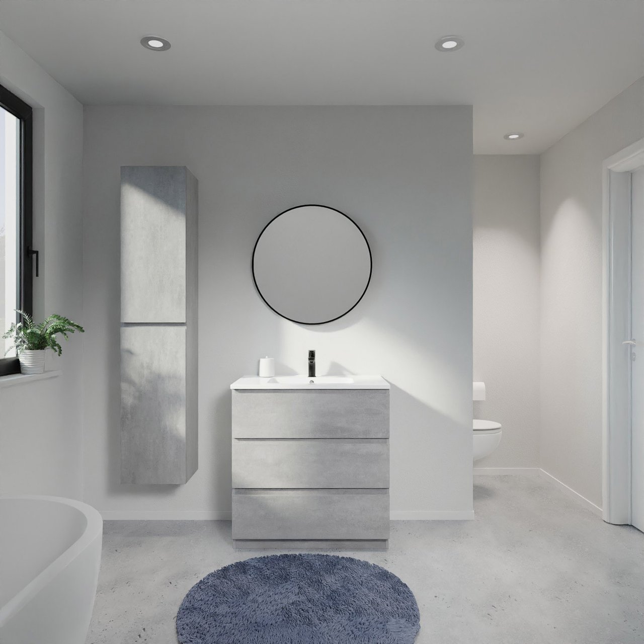 Linie Lado staand badmeubel 80 x 46 cm beton donkergrijs met Vano enkele wastafel in composietmarmer hoogglans wit